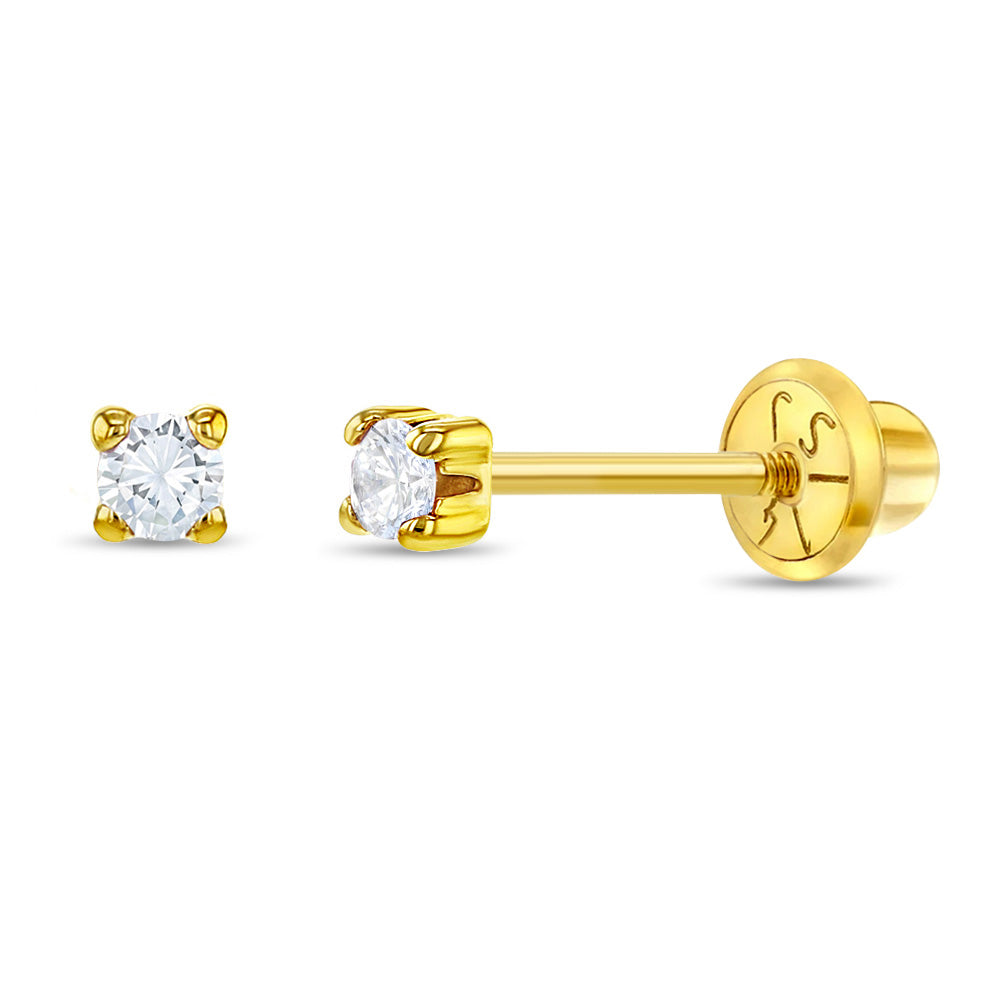Aros solitario de circon 4 puntas en oro 14k para bebe y niñas