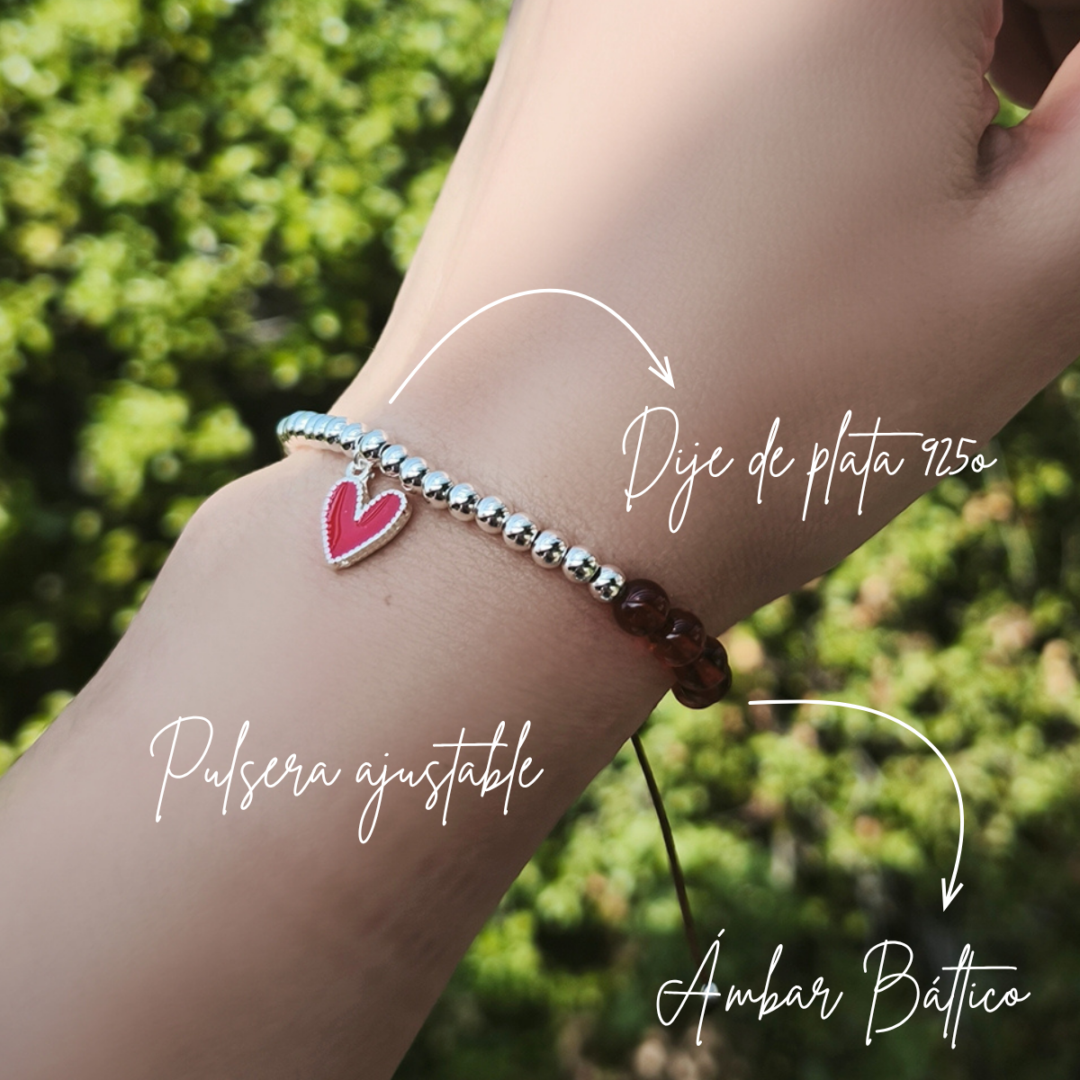 Pulsera de ámbar con plata y dije corazón