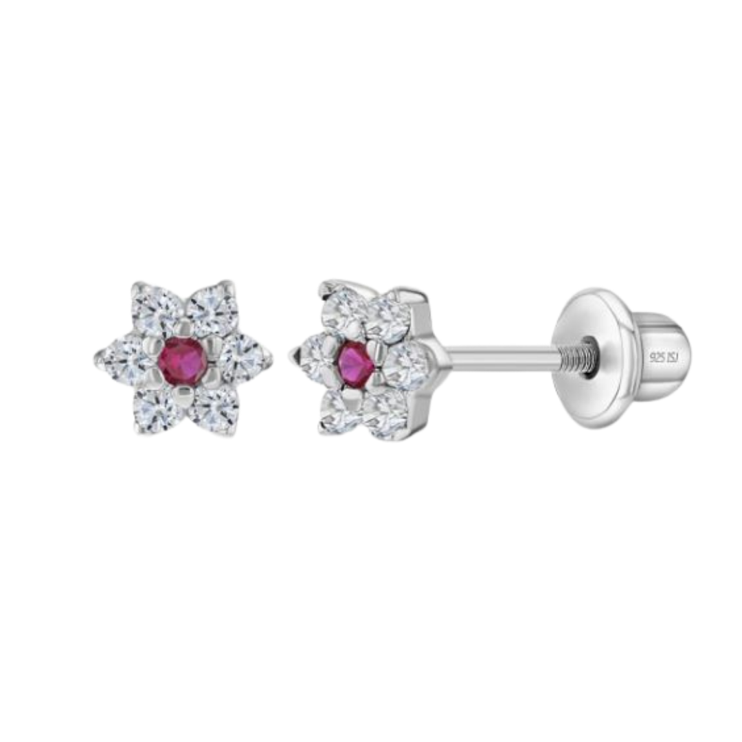 Aros de plata 925 en forma de flor con circones rosados y transparentes diamantados