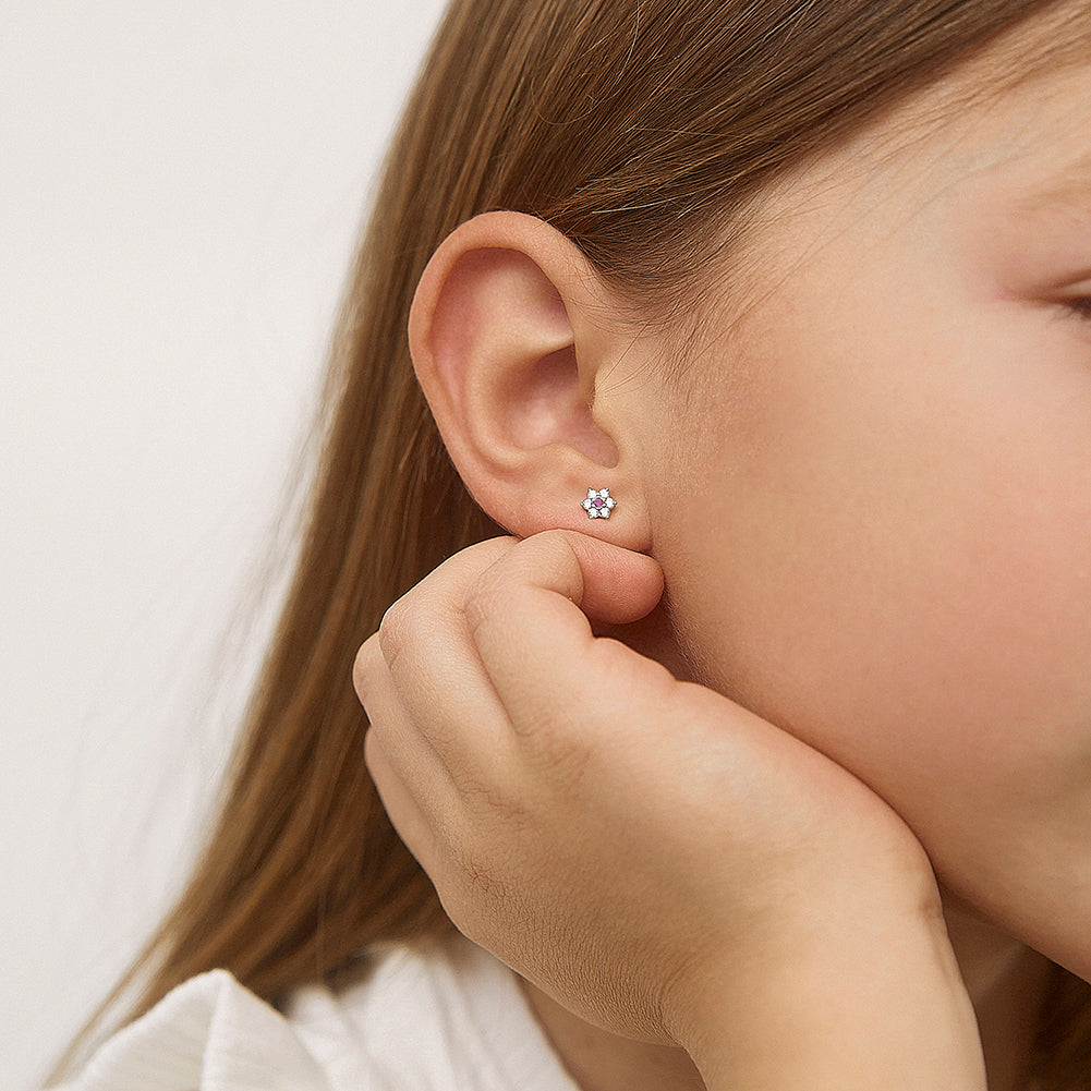 Aros de plata 925 en forma de flor con circones rosados y transparentes diamantados