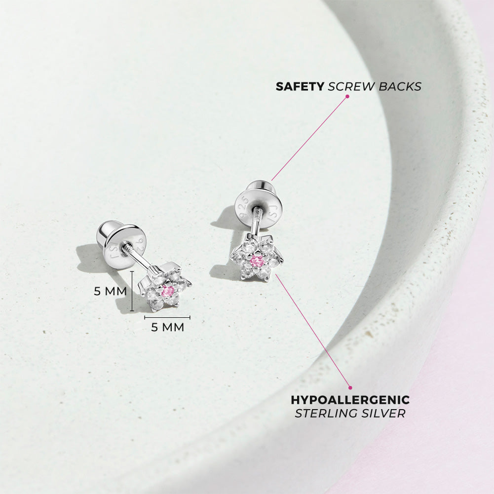 Aros de plata 925 en forma de flor con circones rosados y transparentes diamantados