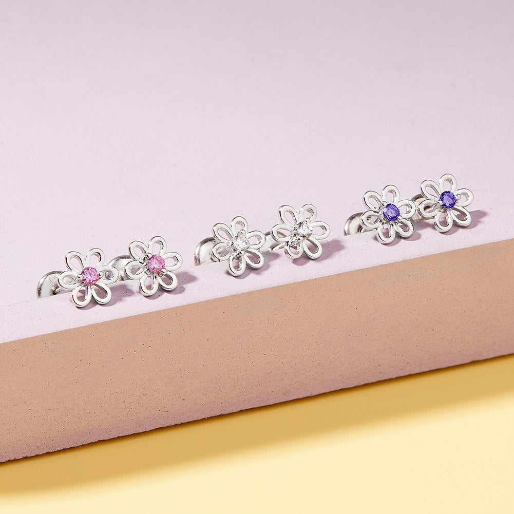 Aros Flor de Plata 925 Certificada con Circón Rosado | Delicadeza y brillo para sus primeros recuerdos | In Season Jewelry