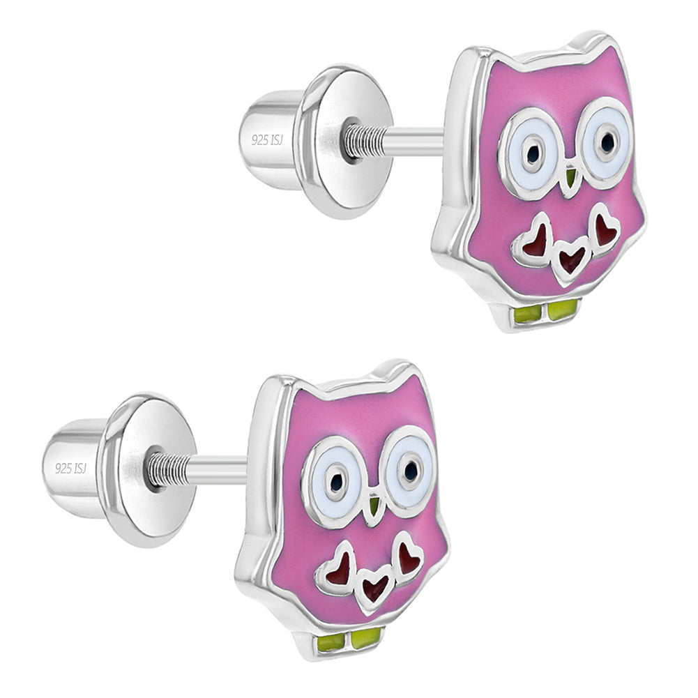 Aros con forma de buho de plata 925 y esmaltado rosa para niñas