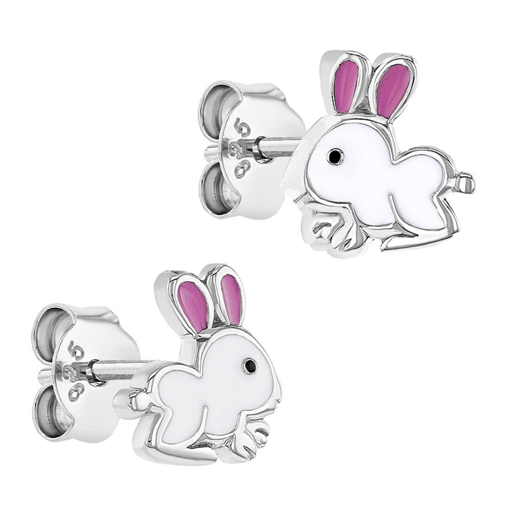 Aros de conejo esmaltados rosa y blanco para niñas