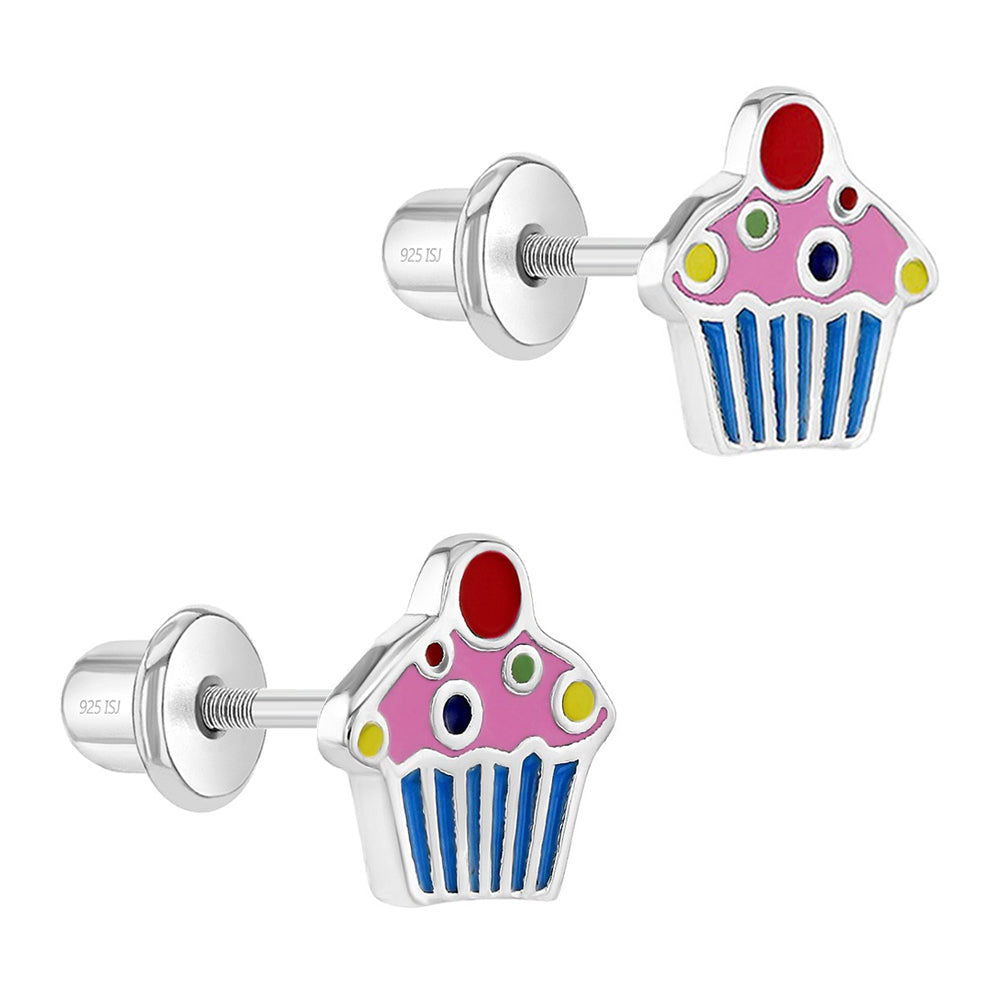 Aros de cupcake de plata 925 con esmalte colorido para niñas