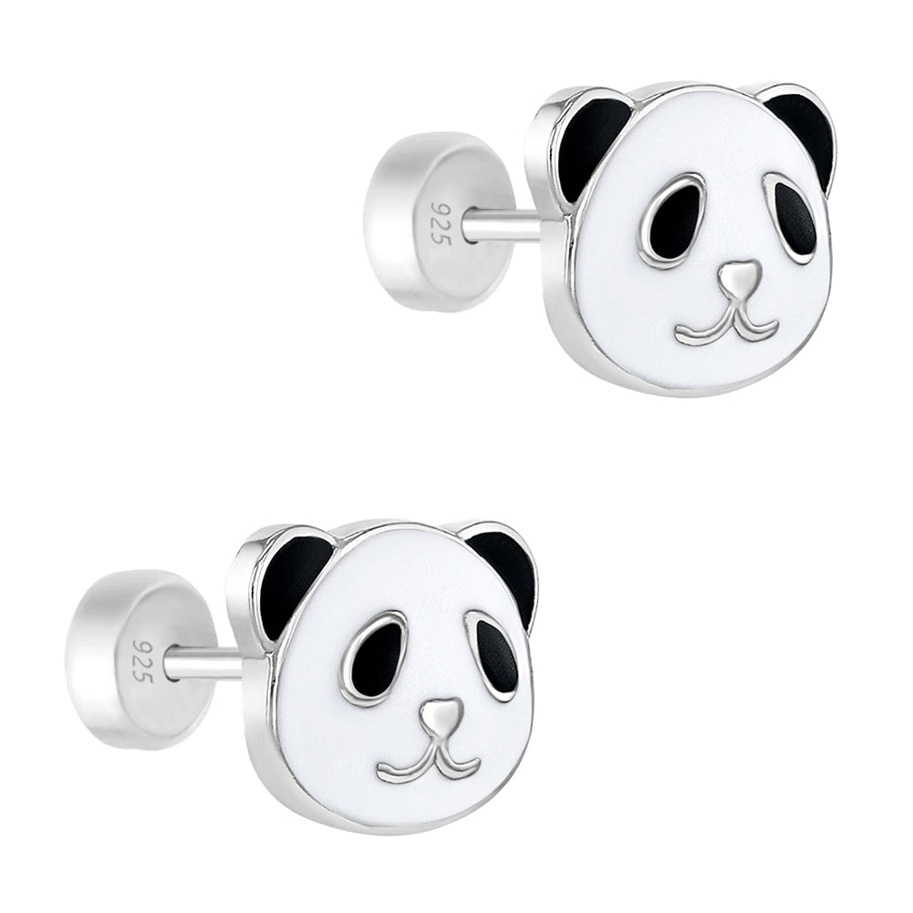 Aros de oso panda de plata 925 esmaltado para niñas