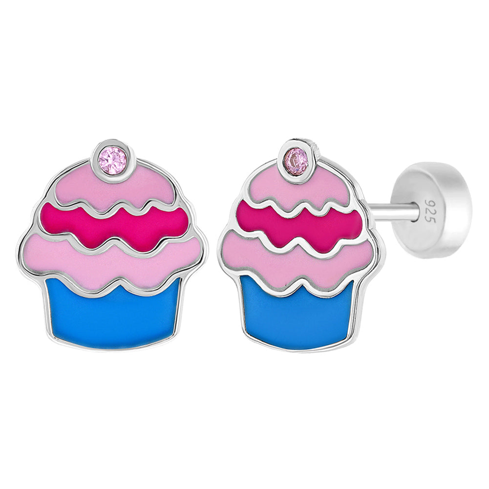 Aros de cupcakes con esmaltado multicolor con un circon rosa para niñas