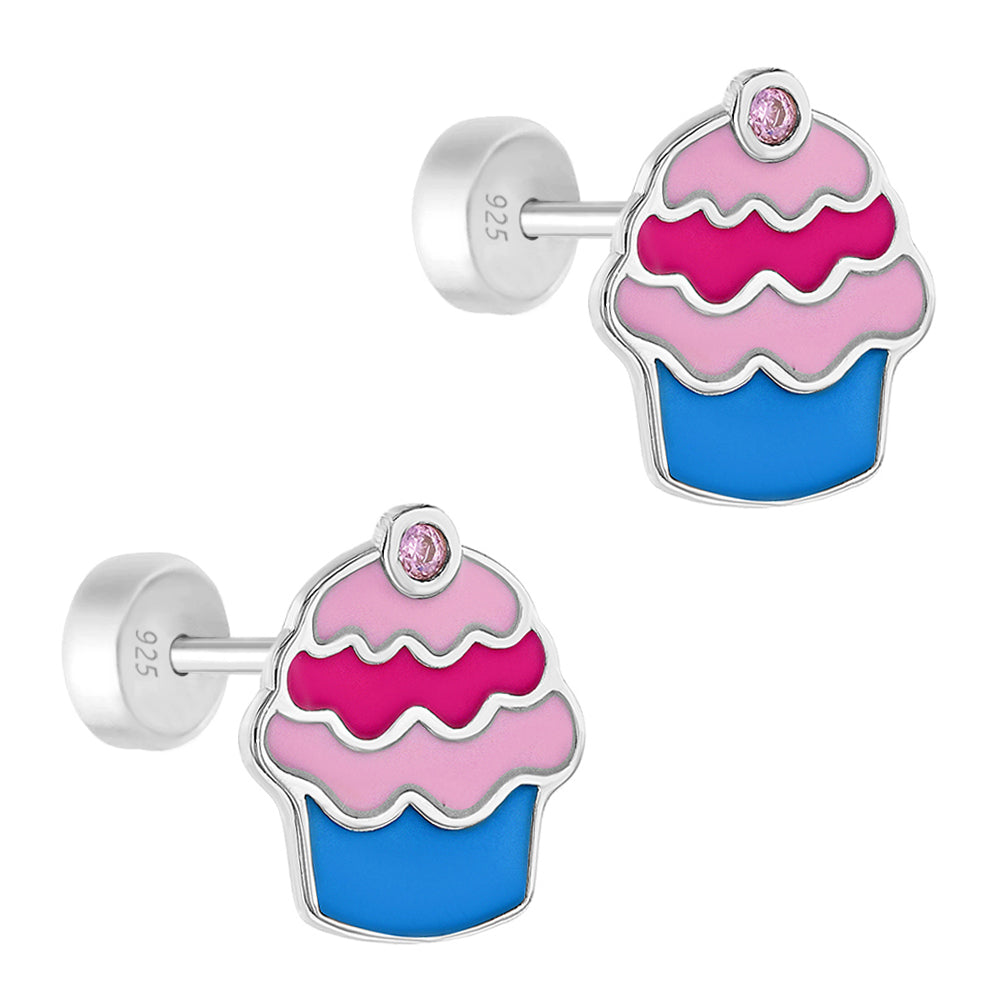 Aros de cupcakes con esmaltado multicolor con un circon rosa para niñas