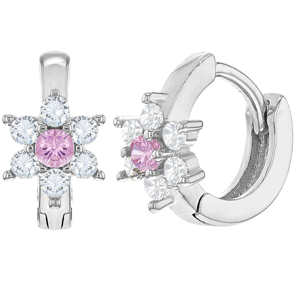Argollas de flor con circonias rosadas y transparentes de plata 925 para niñas