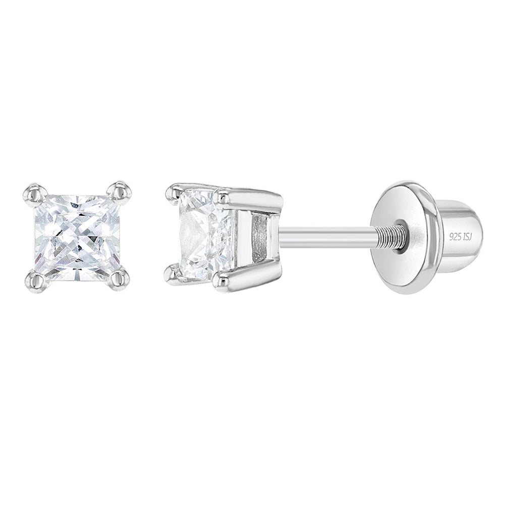 Aros solitario de circon cuadrado de plata 925 para bebes y niñas