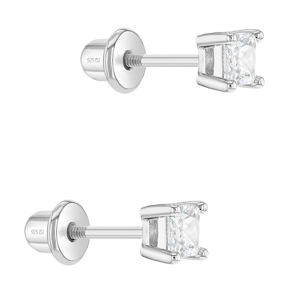Aros solitario de circon cuadrado de plata 925 para bebes y niñas