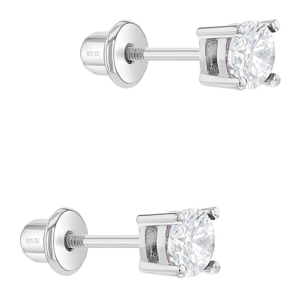 Aros solitario de circon redondo de plata 925 para bebes y niñas