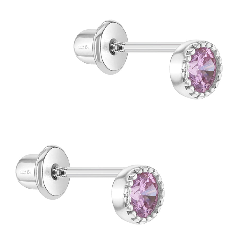 Aros redondos con un circon rosado engastados en bisel para bebes y niños