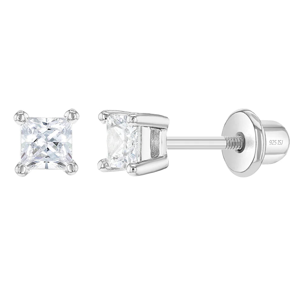 Aros solitario plata 925 circonia corte princesa para todas las edades