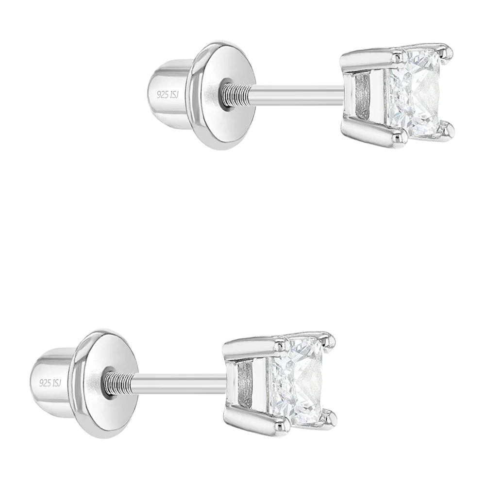 Aros solitario plata 925 circonia corte princesa para todas las edades