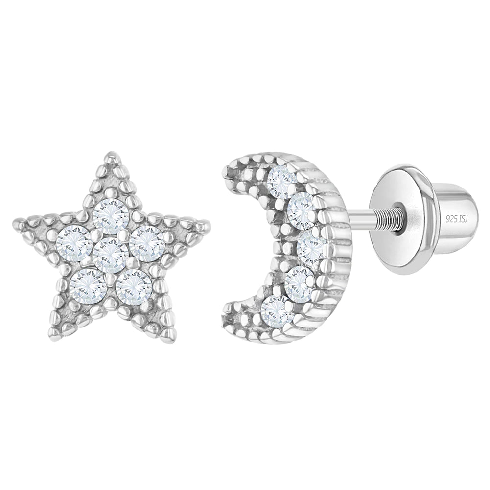 Aros mágicos de estrella y luna de plata 925 con circones para niñas y adolescentes