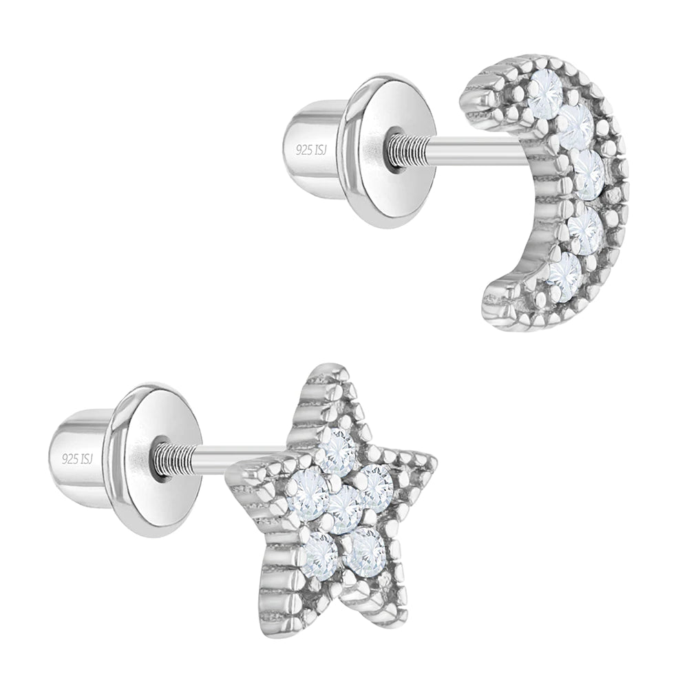 Aros mágicos de estrella y luna de plata 925 con circones para niñas y adolescentes