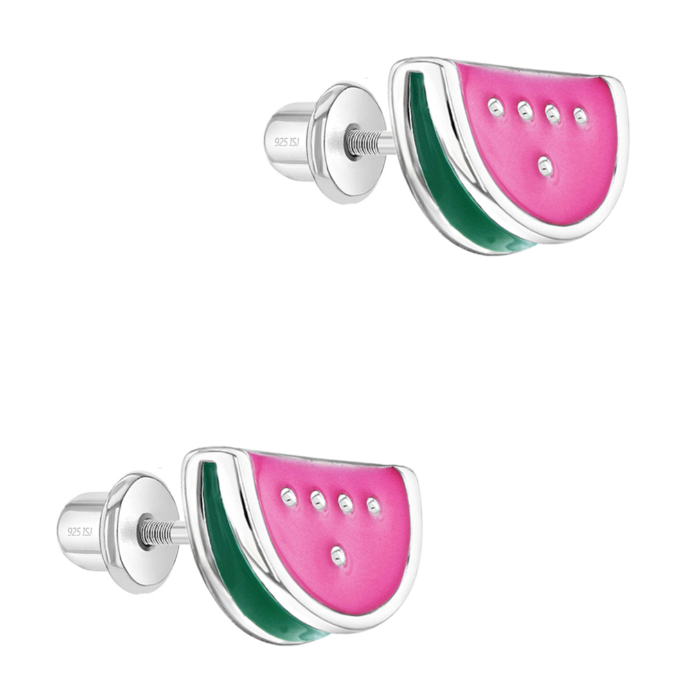 Aros de sandía rosada esmaltada de plata 925 para niñas
