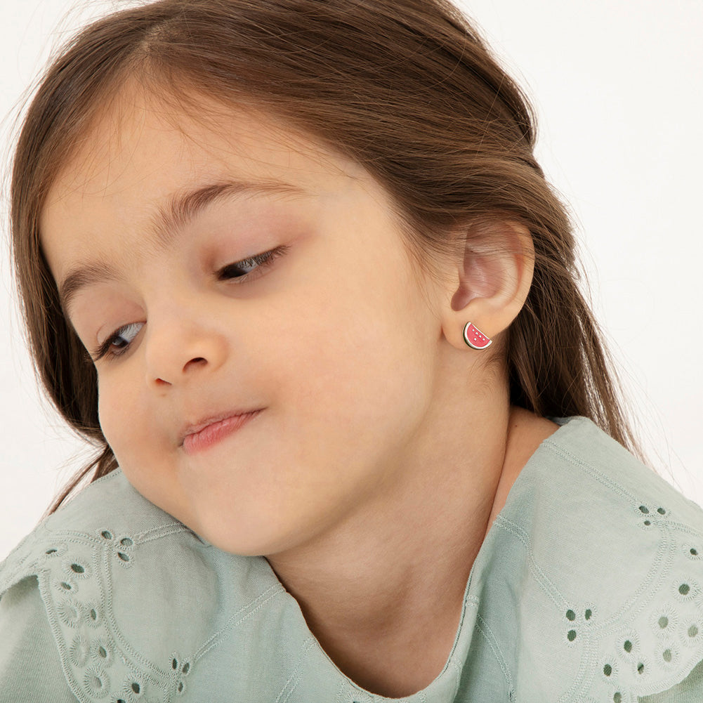 Aros de sandía rosada esmaltada de plata 925 para niñas
