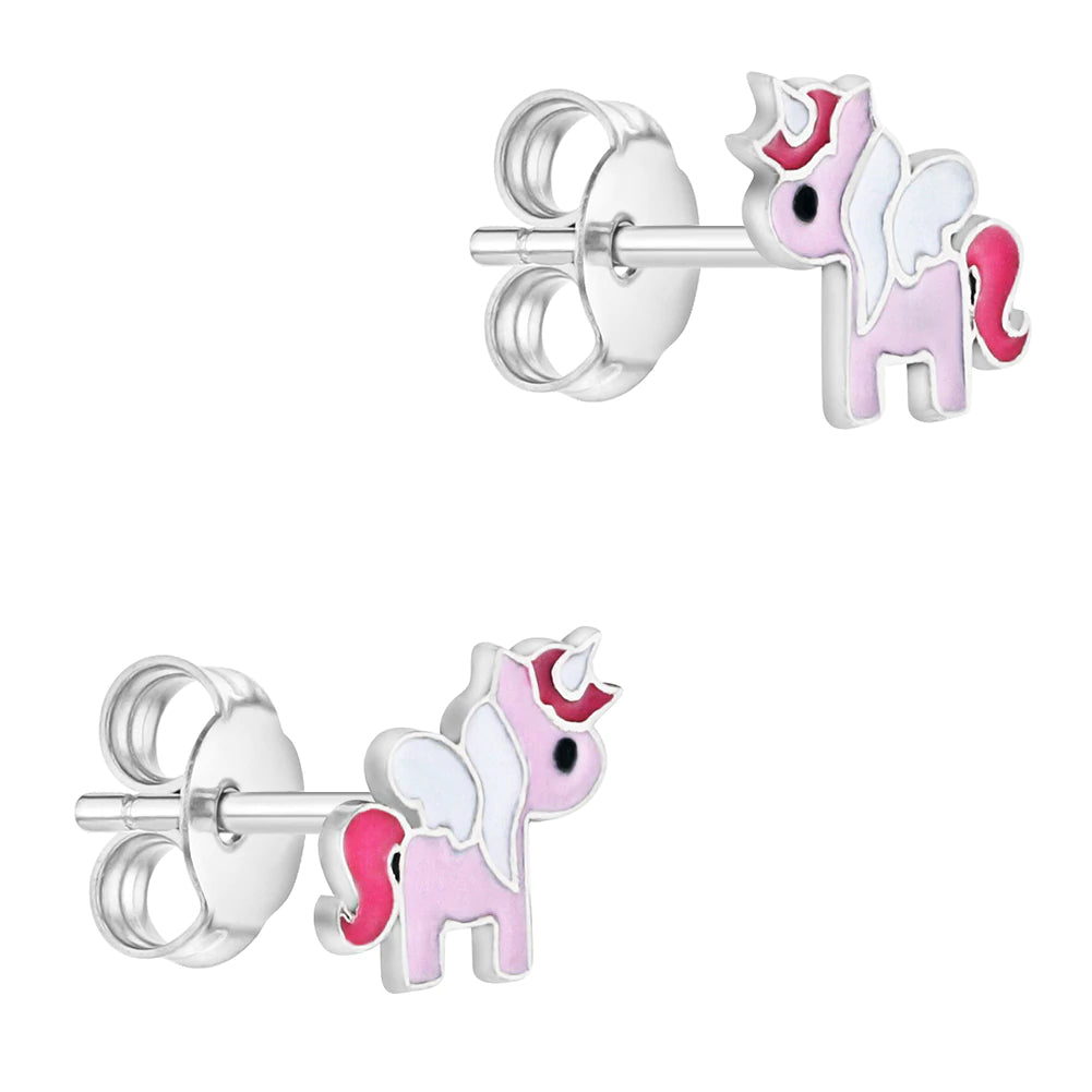 Aros de unicornio esmalte rosado de plata 925 con esmalte para niñas