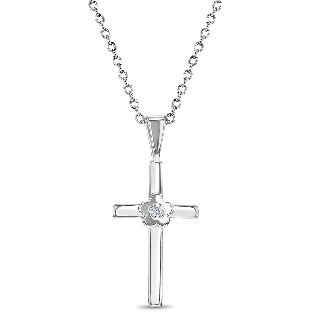 Collar de cruz para niña con flor de circonita cúbica brillante