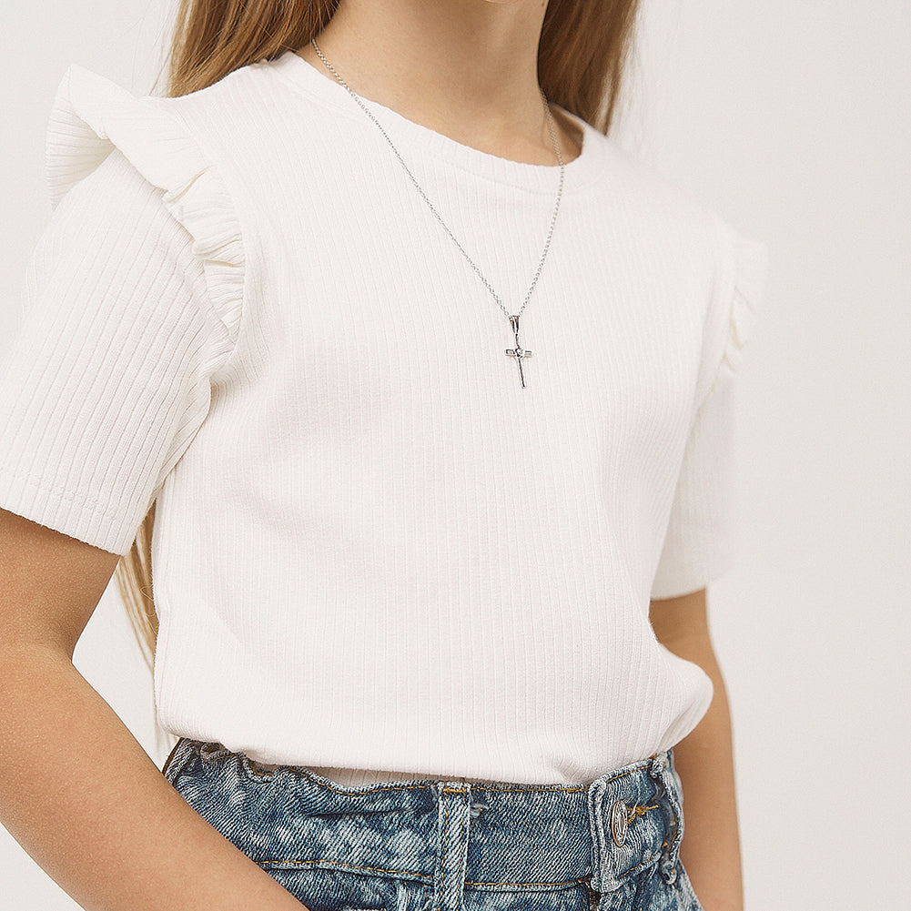 Collar de cruz para niña con flor de circonita cúbica brillante