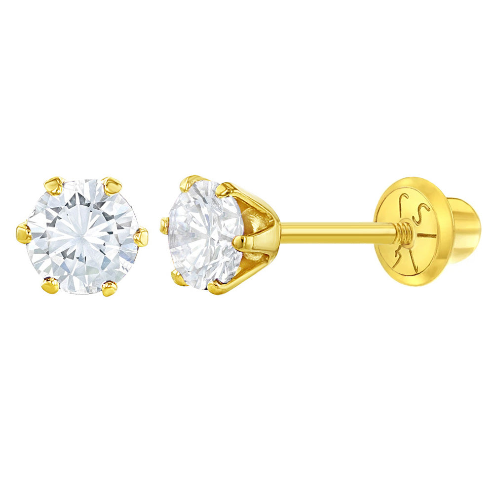 Aros solitario redondo con circón de seis puntas de oro amarillo 14K para bebes y niñas