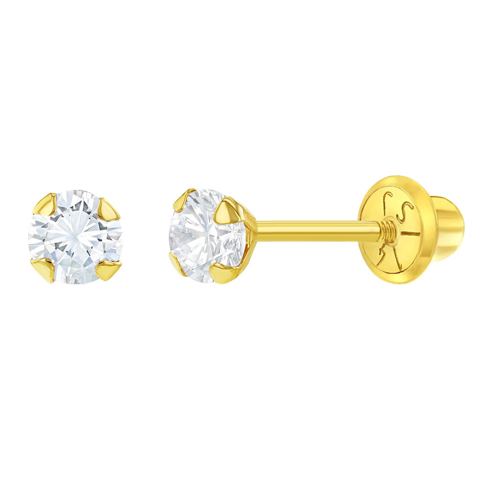 Aros solitario de circon cuatro puntas en oro amarillo 14k para bebes y niñas