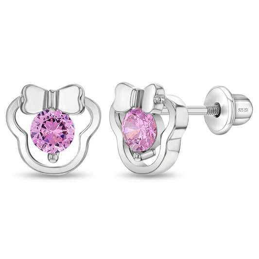 Aros de mini ratoncita con circón rosado para niñas