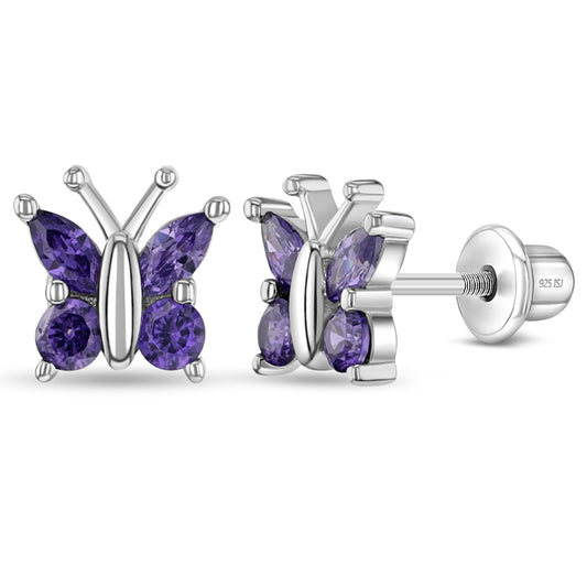 Aros con mariposa de plata 925 y circones brillantes para niñas