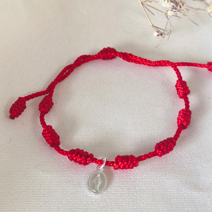 Pulsera 7 Nudos Rojos para Adulto con Medalla virgen milagrosa plata 925