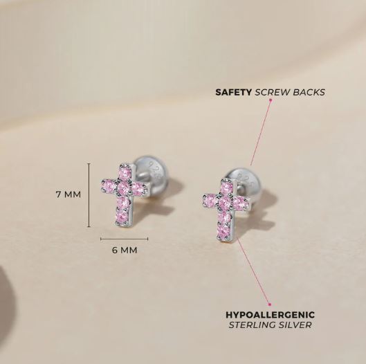 Aros de cruz de plata 925 certificada con circones rosados para bebes y niñas