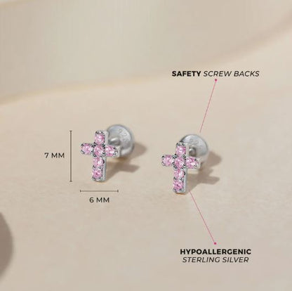 Aros de cruz de plata 925 certificada con circones rosados para bebes y niñas