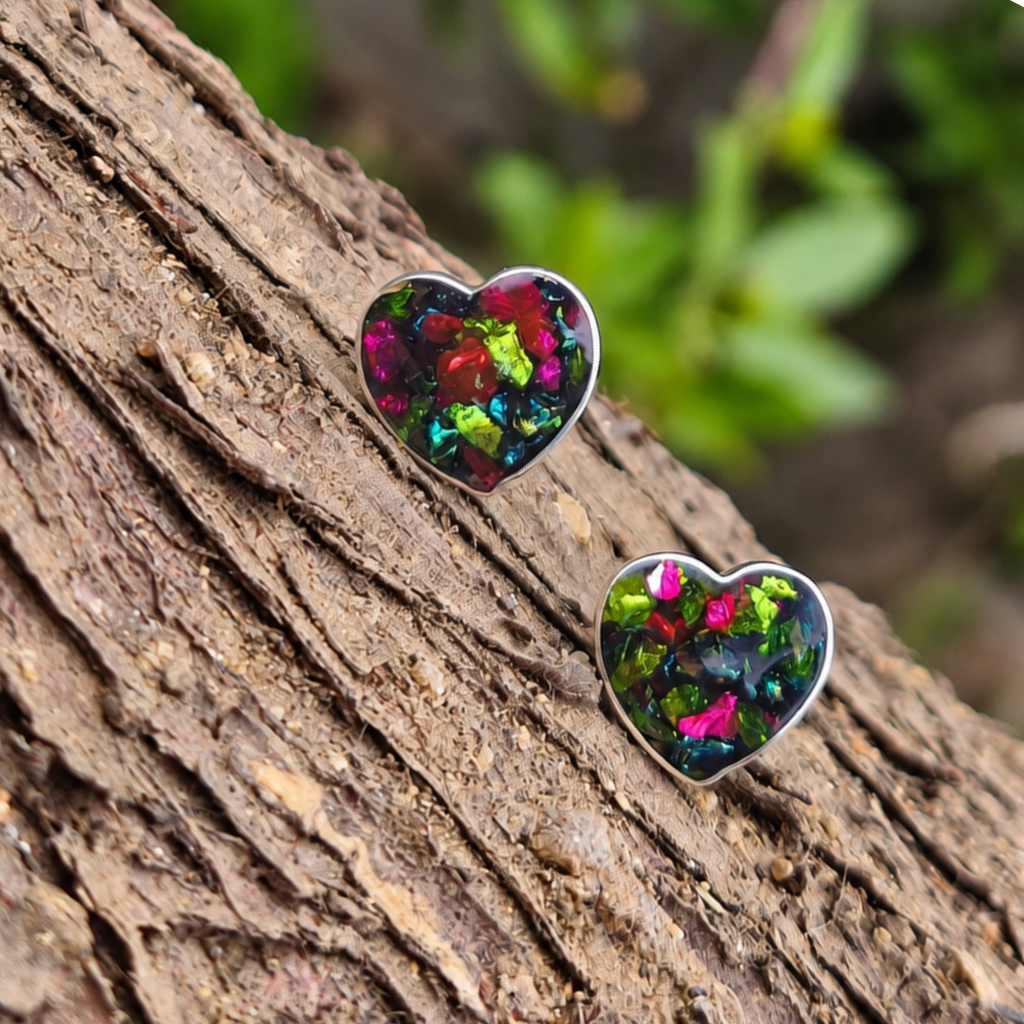 Aros Corazón de Plata 925 con Turmalina Multicolor Picada – 12 mm