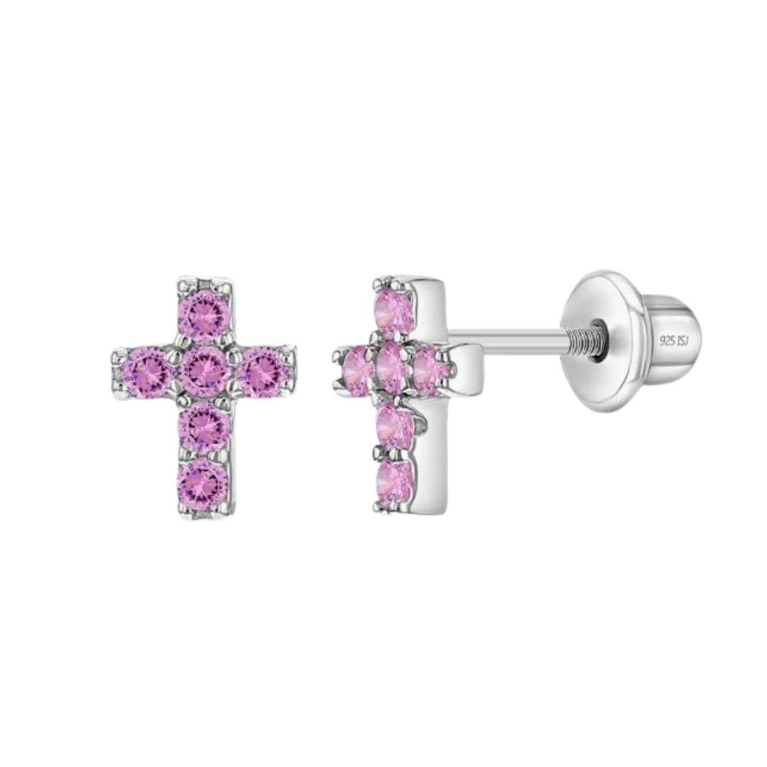Aros de cruz de plata 925 certificada con circones rosados para bebes y niñas