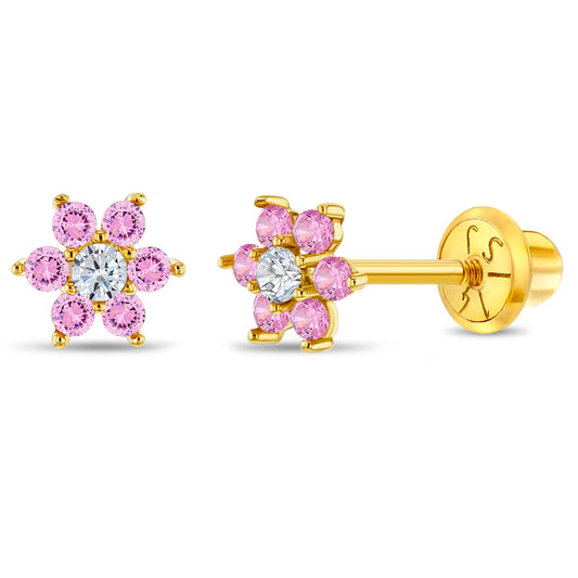 Aros de flor de oro 14k con circonias rosadas para bebes
