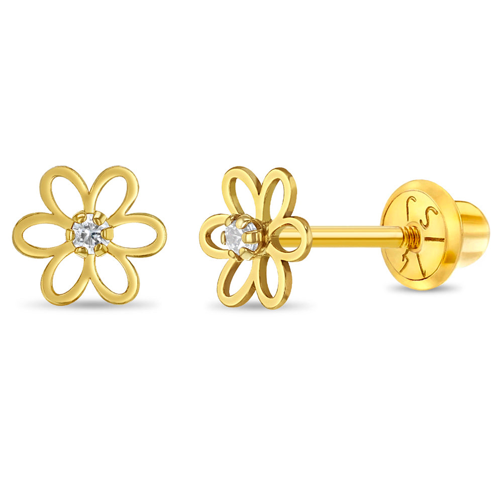 Aros de flor de oro 14k con una perla cultivada para bebes y niñas