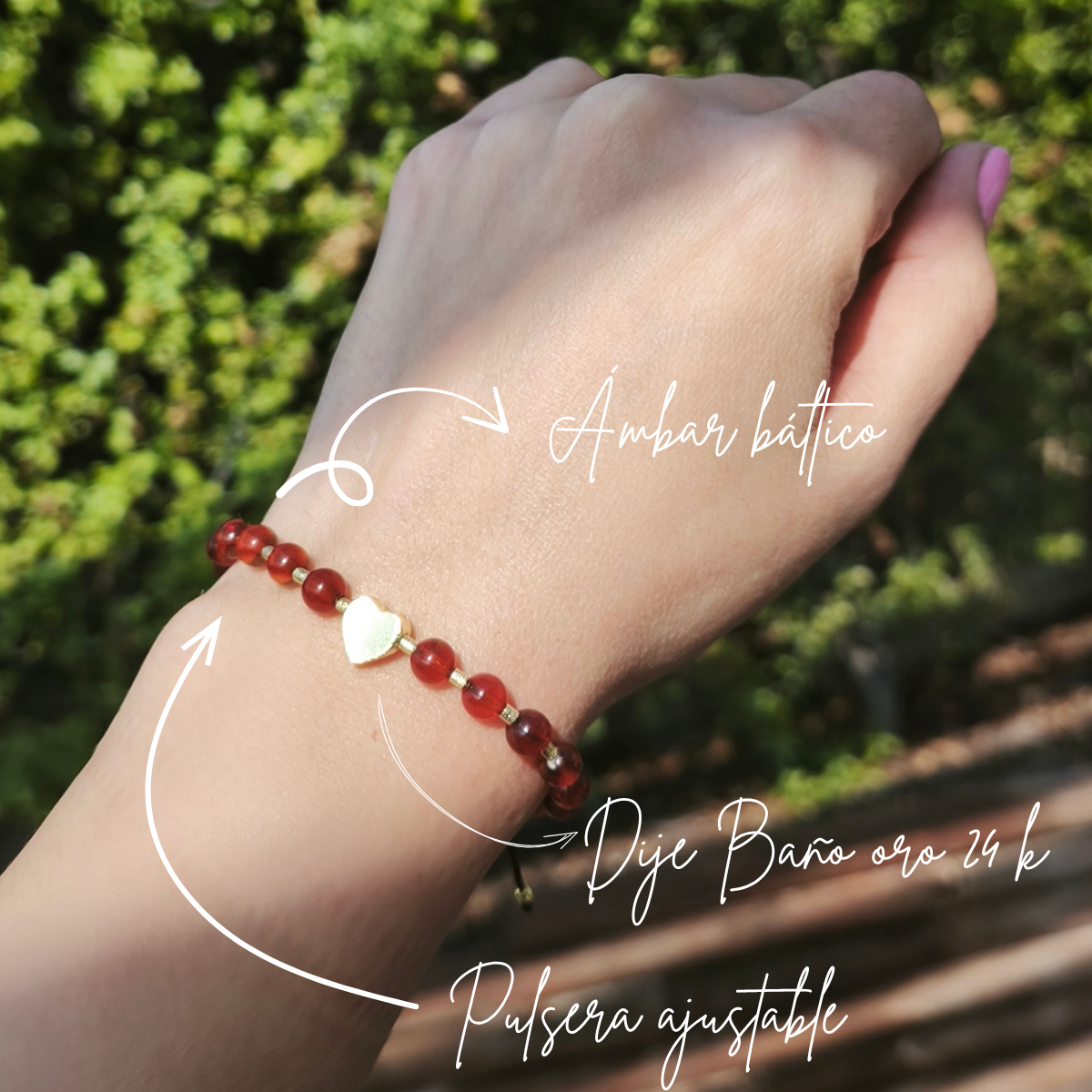 Pulsera ajustable ámbar y dije baño en oro
