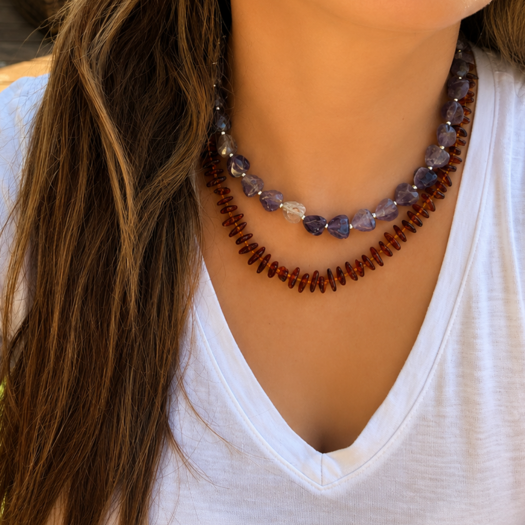 Collar de Amatista Natural con Cuentas en Forma de Corazón – amor, protección y paz interior