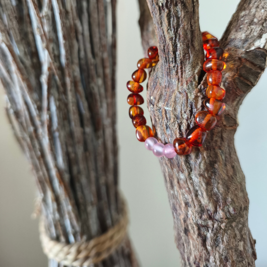 Pulsera ámbar báltico bebé cuarzo rosado 14 cm