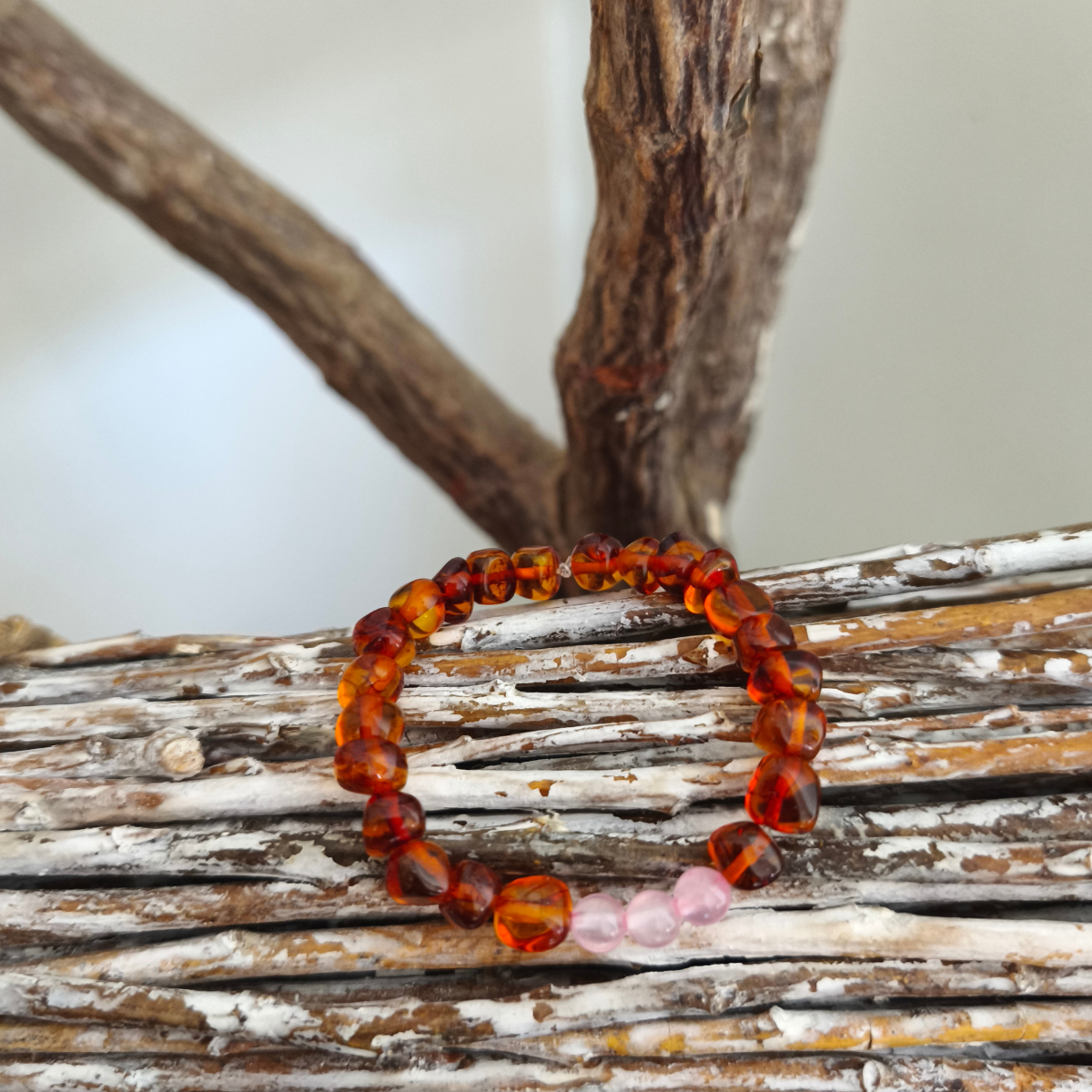Pulsera ámbar báltico bebé cuarzo rosado 14 cm