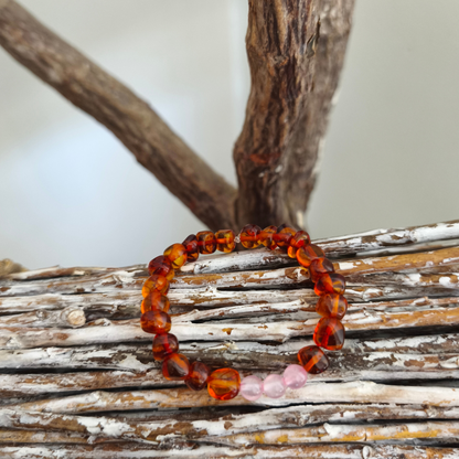 Pulsera ámbar báltico bebé cuarzo rosado 14 cm