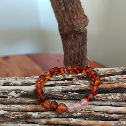Pulsera ámbar báltico bebé cuarzo rosado 14 cm
