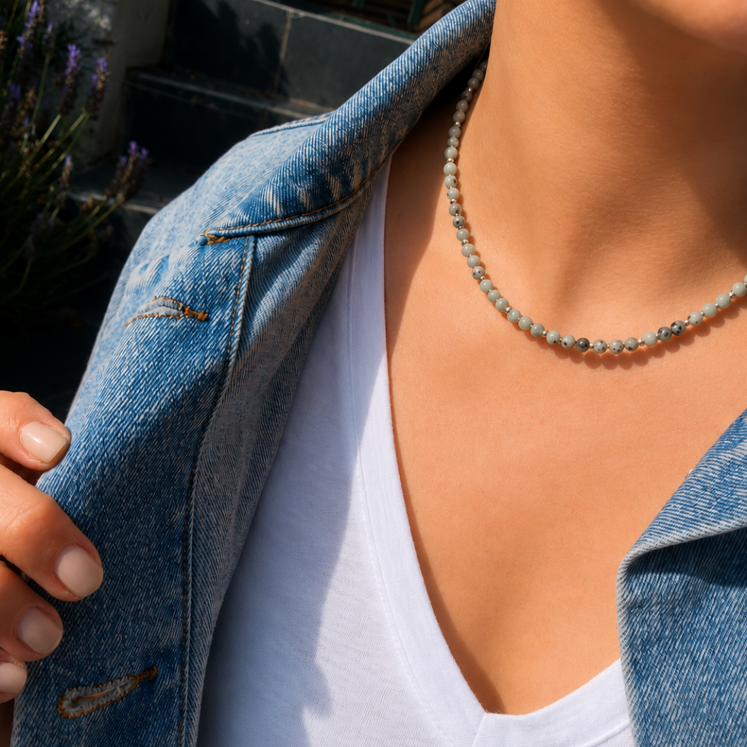 collar de piedra jaspe kiwi natural cuentas redondas verdes con broche de plata