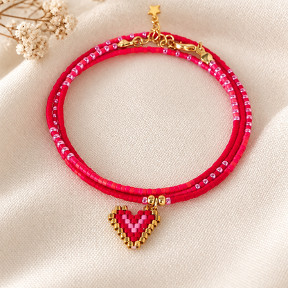Maxi Pulsera Miyuki Rosa con Dije de Corazón – 3 en 1: pulsera, collar o tobillera
