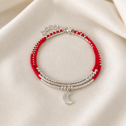 Maxi Pulsera Miyuki Roja con Luna de Plata  — 3 en 1: pulsera, collar o tobillera