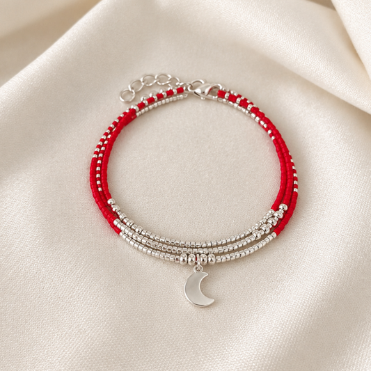 Maxi Pulsera Miyuki Roja con Luna de Plata  — 3 en 1: pulsera, collar o tobillera
