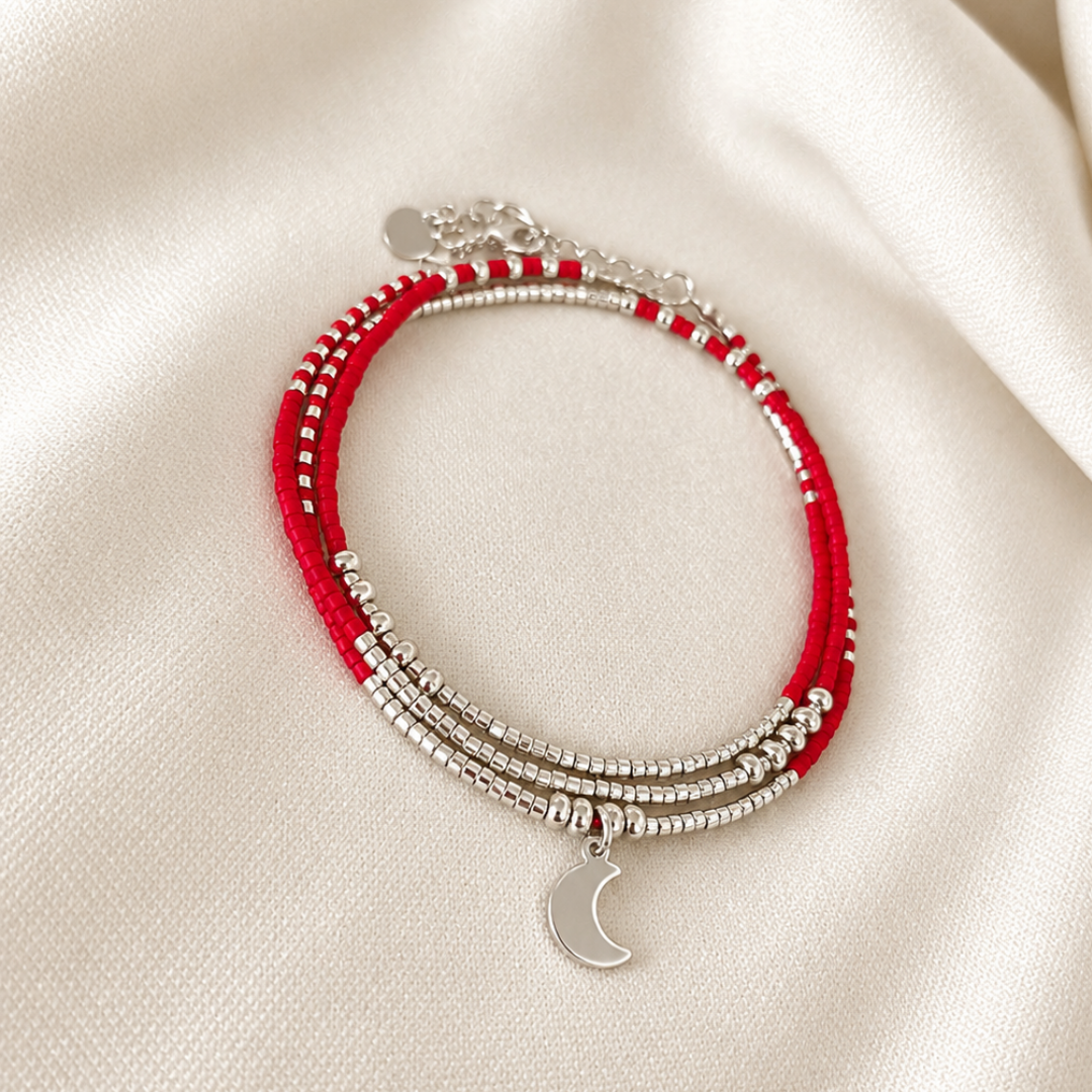 Maxi Pulsera Miyuki Roja con Luna de Plata  — 3 en 1: pulsera, collar o tobillera