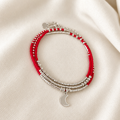 Maxi Pulsera Miyuki Roja con Luna de Plata  — 3 en 1: pulsera, collar o tobillera
