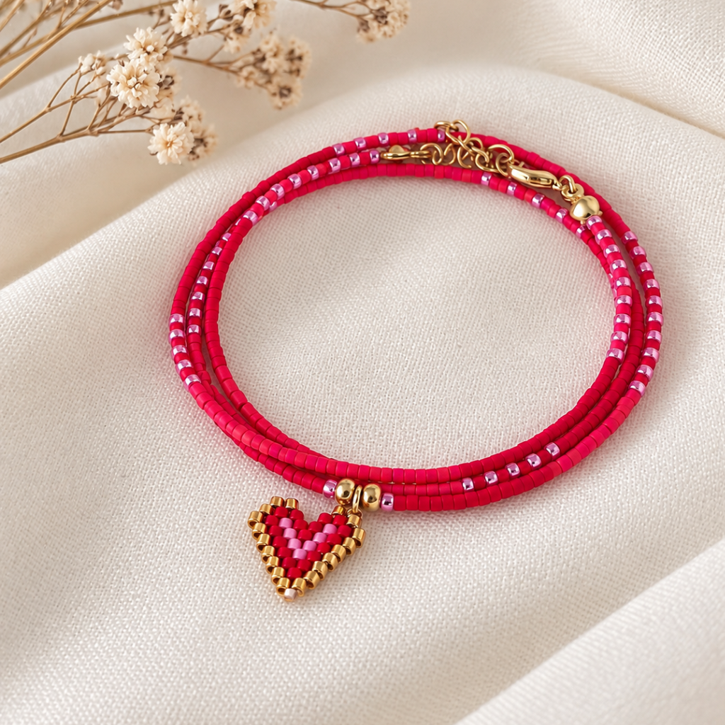 Maxi Pulsera Miyuki Rosa con Dije de Corazón – 3 en 1: pulsera, collar o tobillera